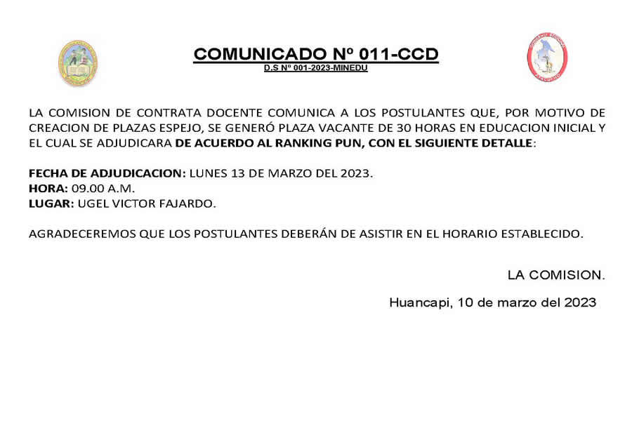 COMUNICADO No 011-2023-CCD