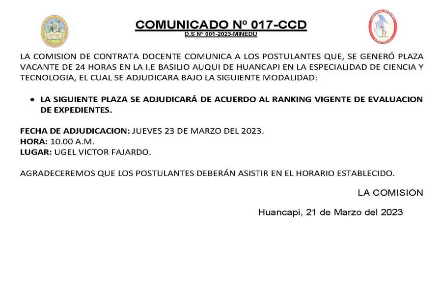 COMUNICADO No 017-2023-CCD