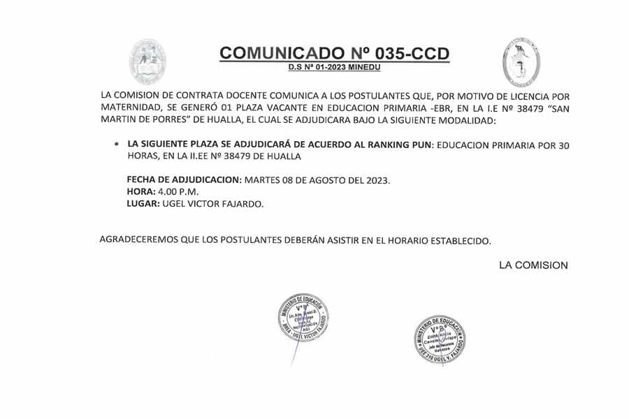 COMUNICADO Nº 035-CCD SOBRE CONTRATA DOCENTE 2023