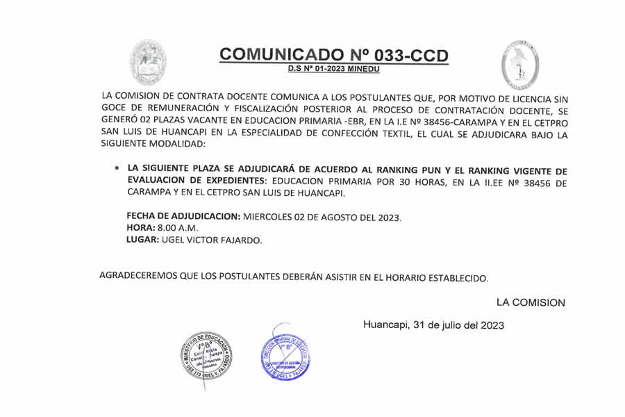 COMUNICADO Nº 033-CCD SOBRE CONTRATA DOCENTE 2023