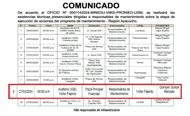 COMUNICADO SOBRE ASISTENCIA TÉCNICA DE MANTENIMIENTO DE LOCALES ESCOLARES - 2024