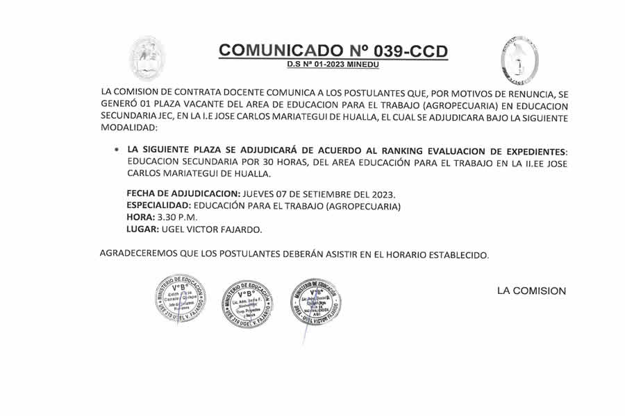 COMUNICADO Nº 039-CCD-2023