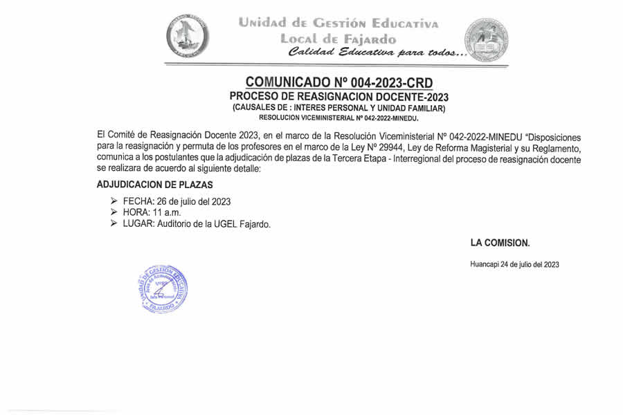COMUNICADO Nº 004-2023-CRD PROCESO DE REASIGNACIÓN DOCENTE 2023
